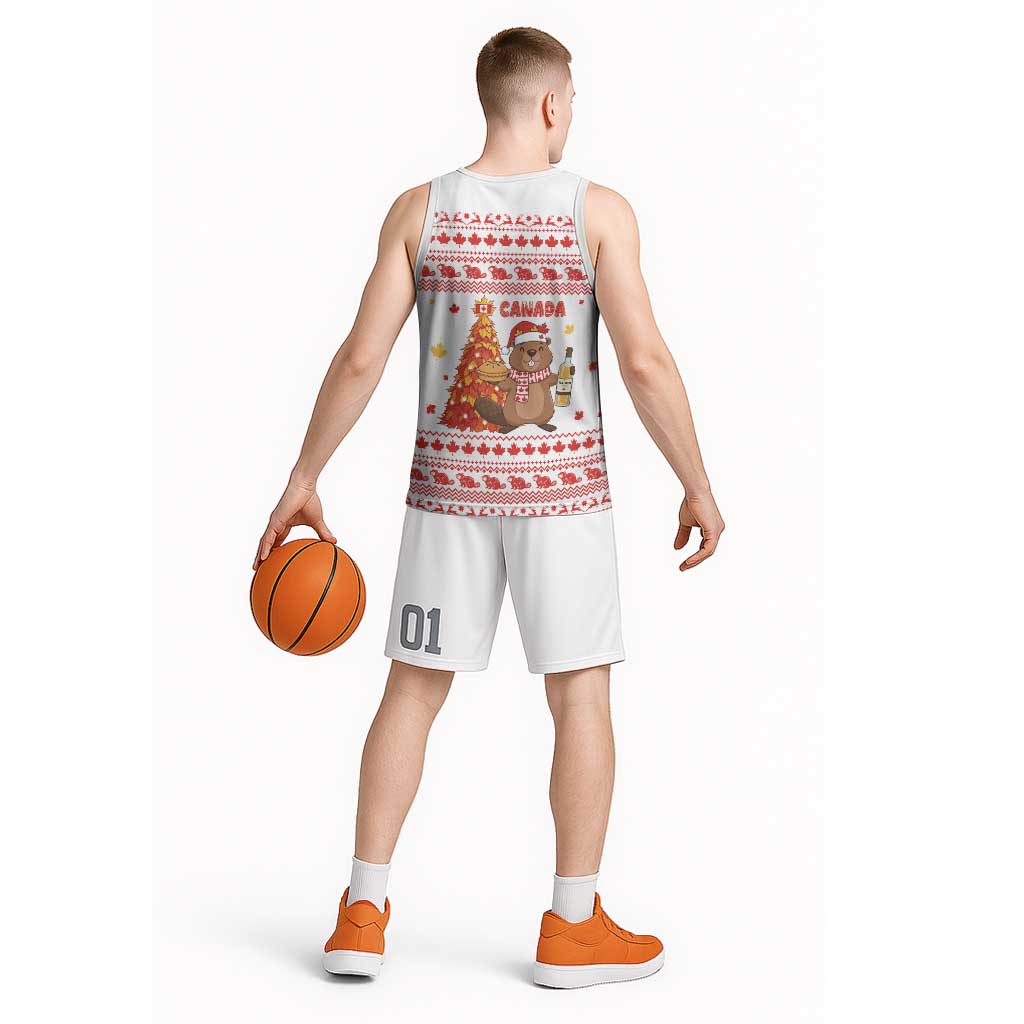 Canada Christmas Basketball Jersey with Beaver Maple Tree Ice Wine Pie and Red White Knit Pattern Design - Wonder Print Shop
