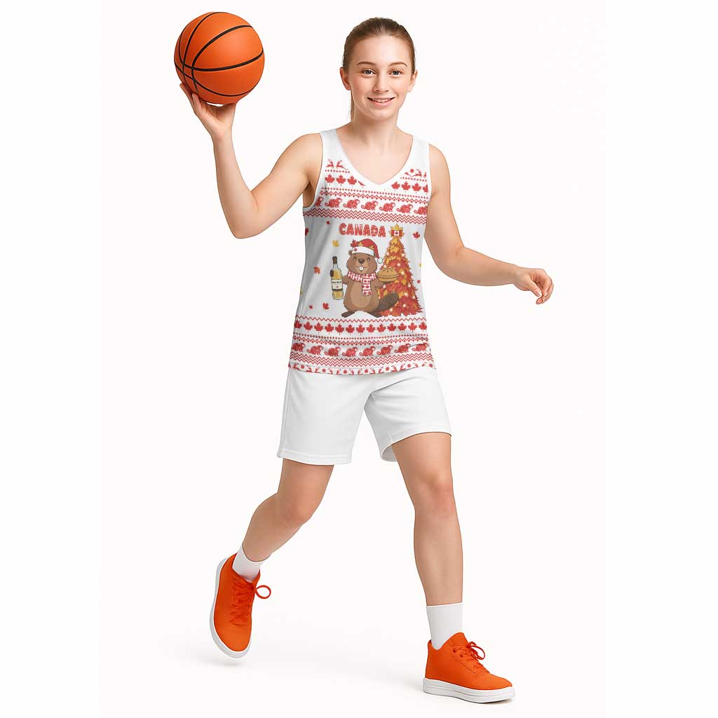 Canada Christmas Basketball Jersey with Beaver Maple Tree Ice Wine Pie and Red White Knit Pattern Design - Wonder Print Shop