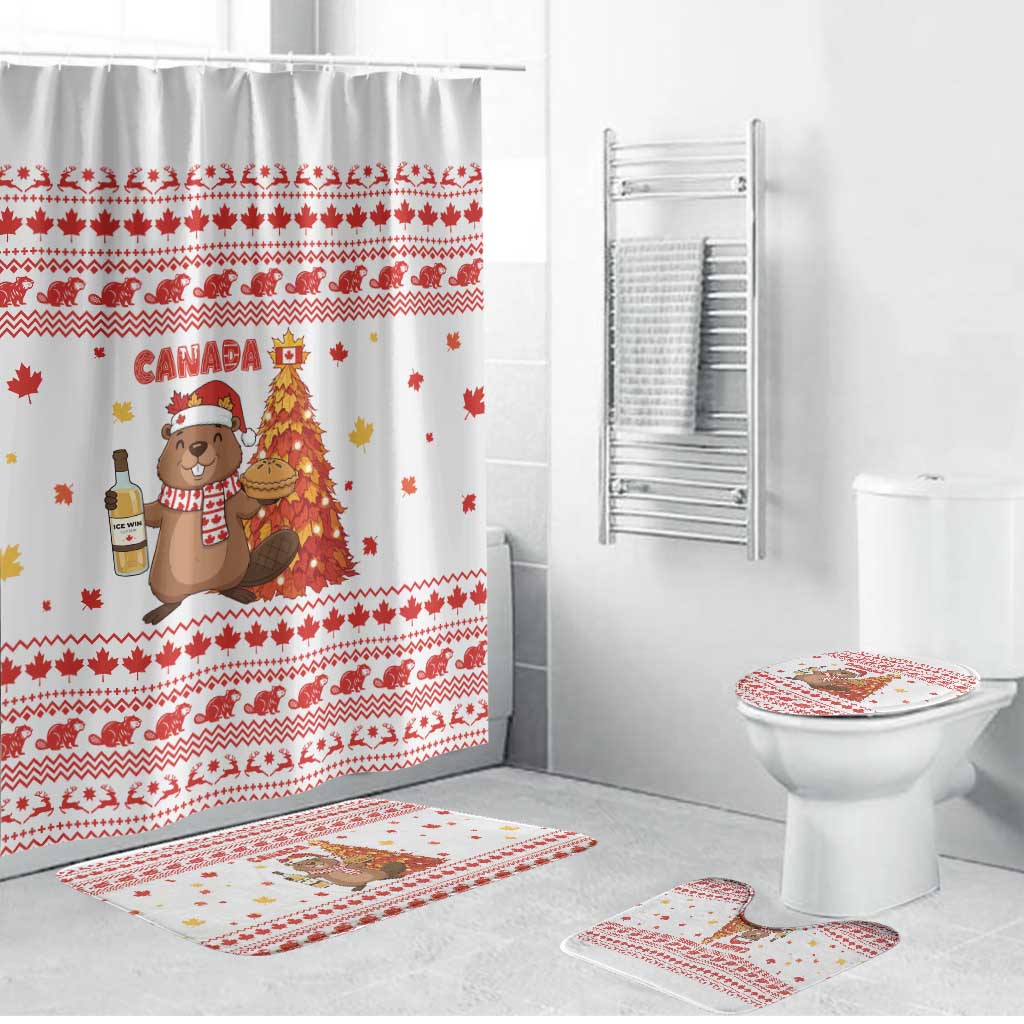 Canada Christmas Bathroom Set with Beaver Maple Tree Ice Wine Pie and Red White Knit Pattern Design - Wonder Print Shop