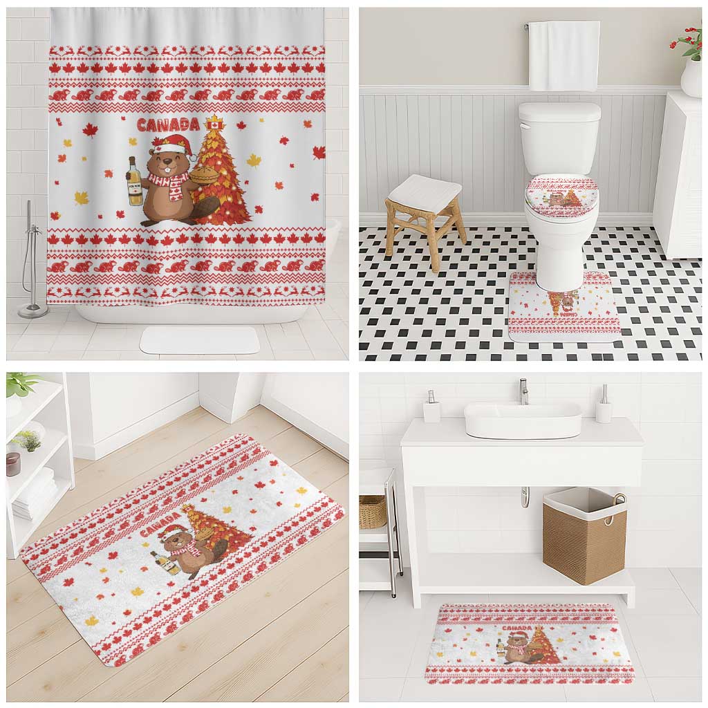 Canada Christmas Bathroom Set with Beaver Maple Tree Ice Wine Pie and Red White Knit Pattern Design - Wonder Print Shop