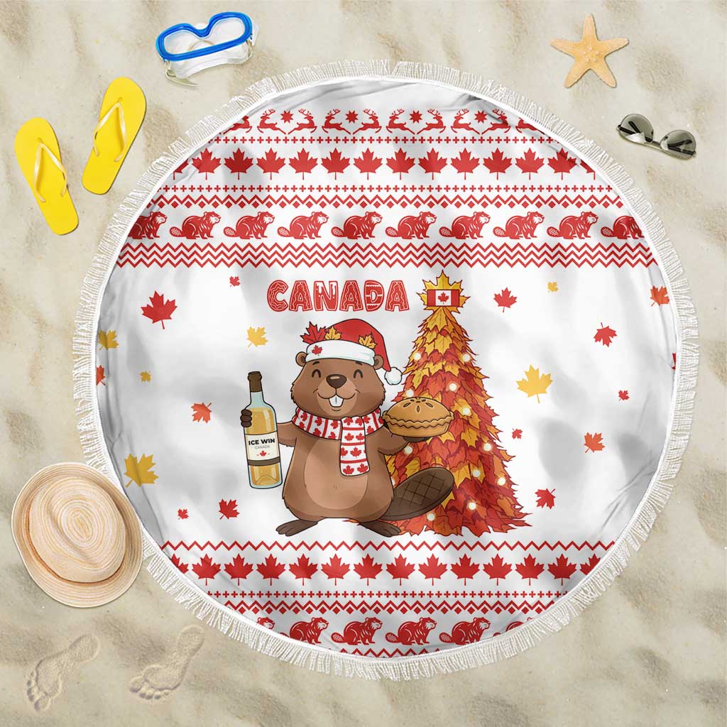 Canada Christmas Beach Blanket with Beaver Maple Tree Ice Wine Pie and Red White Knit Pattern Design - Wonder Print Shop
