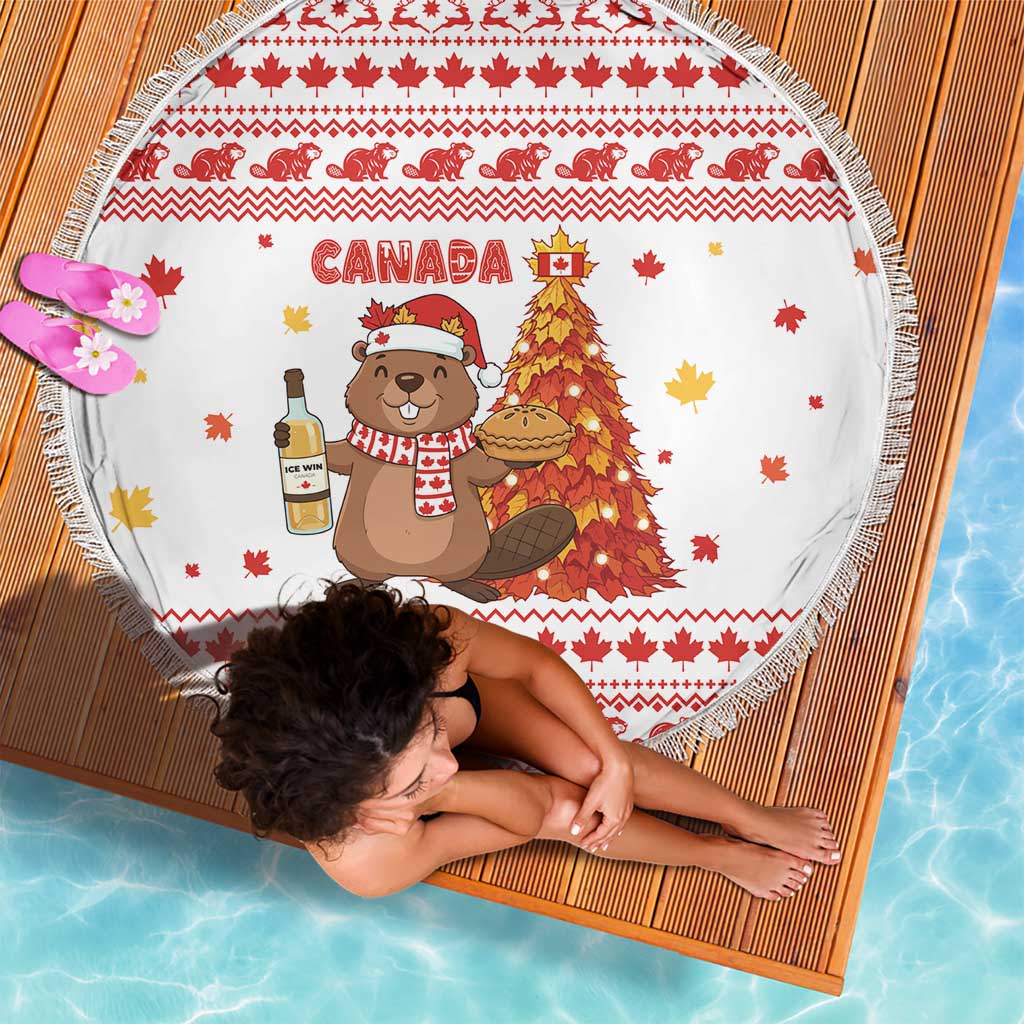 Canada Christmas Beach Blanket with Beaver Maple Tree Ice Wine Pie and Red White Knit Pattern Design - Wonder Print Shop
