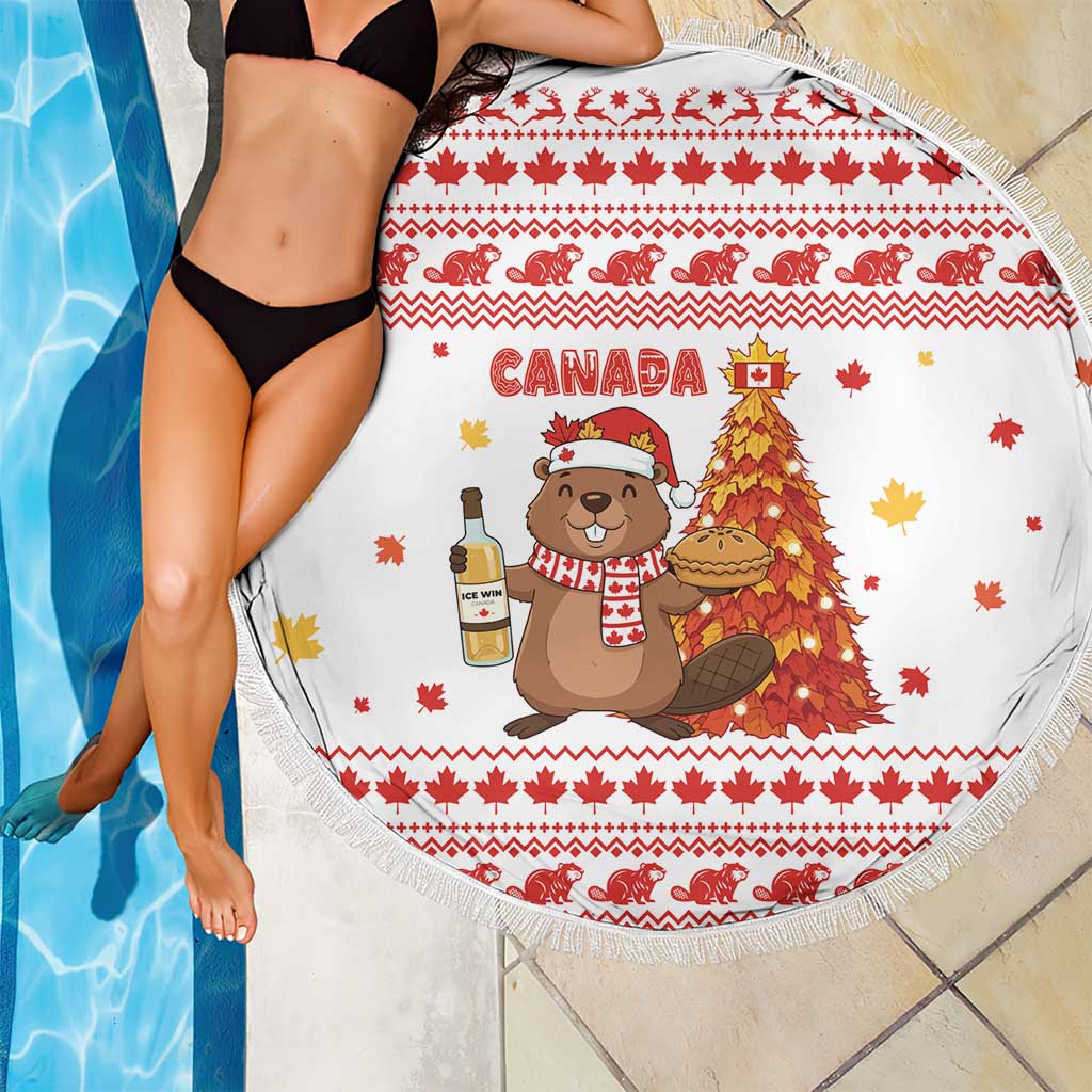 Canada Christmas Beach Blanket with Beaver Maple Tree Ice Wine Pie and Red White Knit Pattern Design - Wonder Print Shop