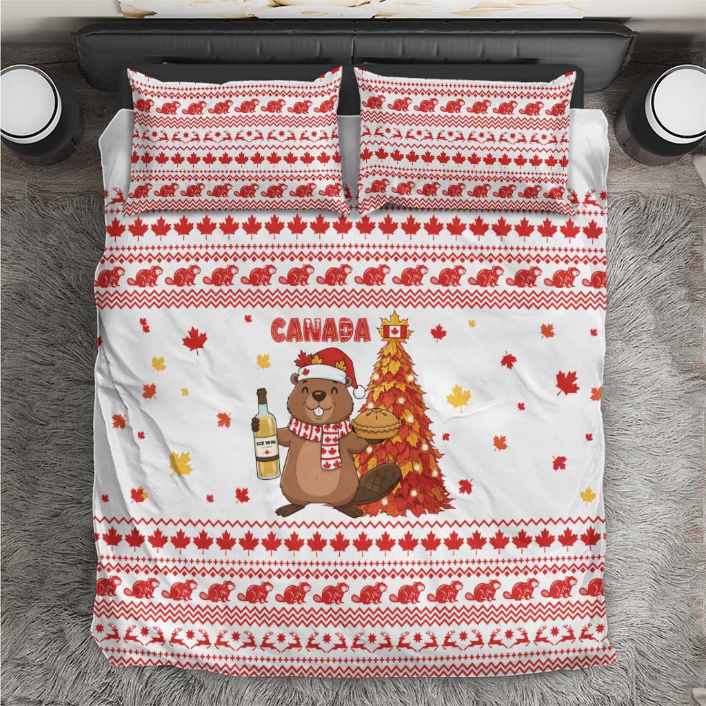 Canada Christmas Bedding Set with Beaver Maple Tree Ice Wine Pie and Red White Knit Pattern Design - Wonder Print Shop