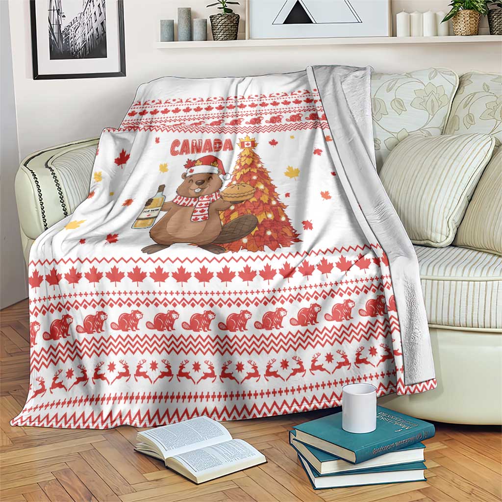 Canada Christmas Blanket with Beaver Maple Tree Ice Wine Pie and Red White Knit Pattern Design - Wonder Print Shop