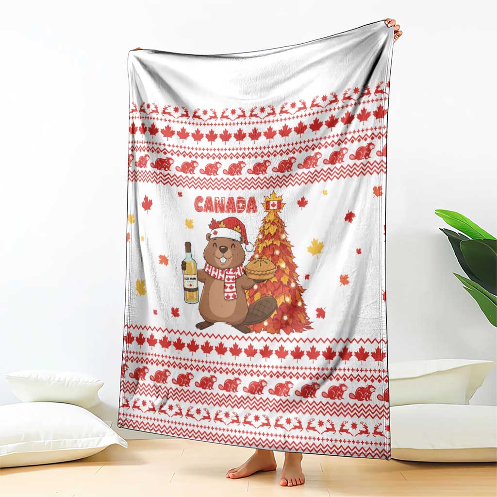 Canada Christmas Blanket with Beaver Maple Tree Ice Wine Pie and Red White Knit Pattern Design - Wonder Print Shop