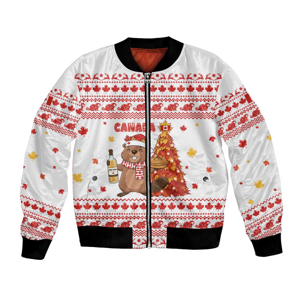 Canada Christmas Bomber Jacket with Beaver Maple Tree Ice Wine Pie and Red White Knit Pattern Design - Wonder Print Shop