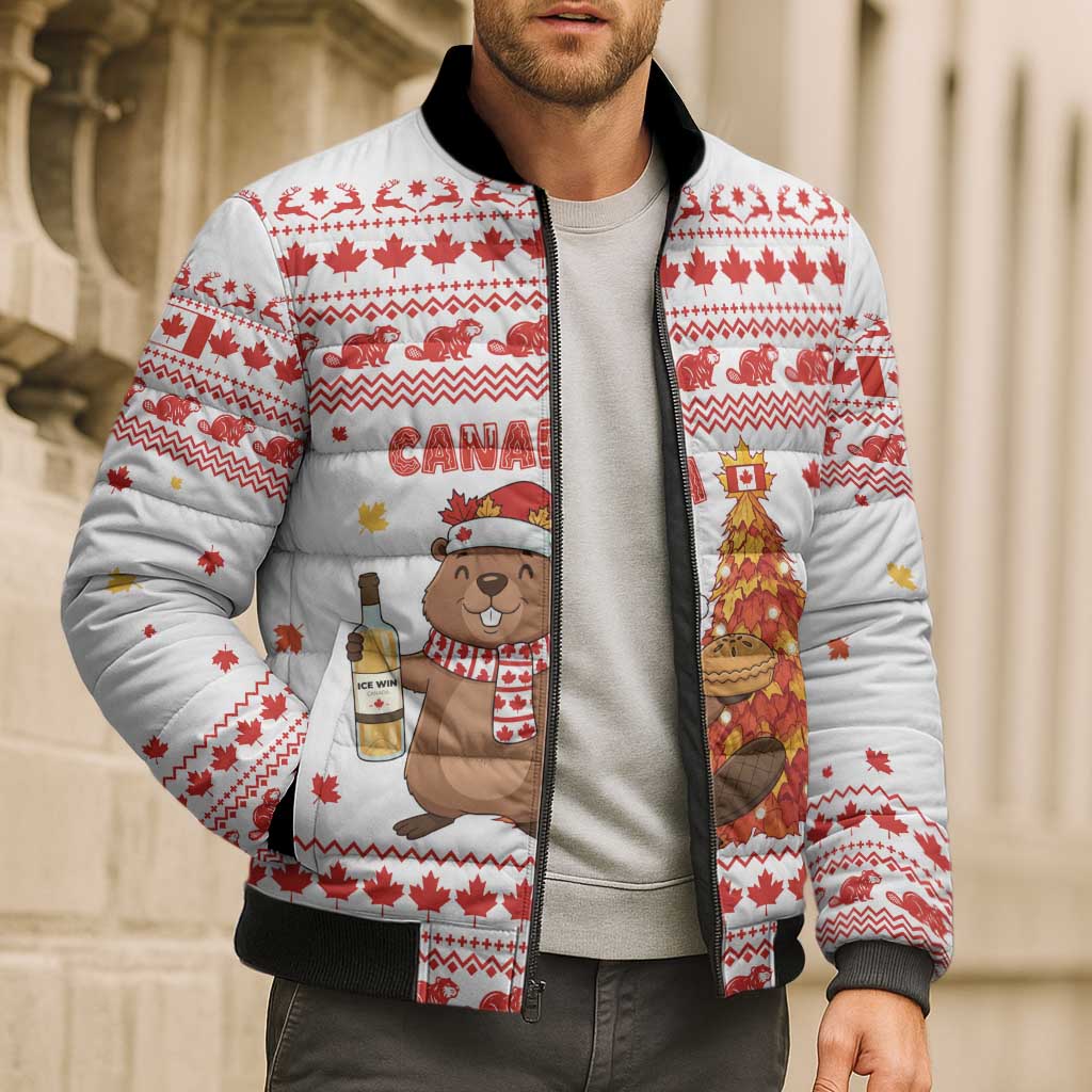 Canada Christmas Bomber Puffer Jacket with Beaver Maple Tree Ice Wine Pie and Red White Knit Pattern Design - Wonder Print Shop