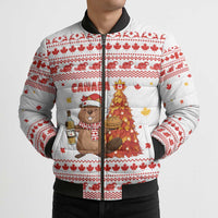 Canada Christmas Bomber Puffer Jacket with Beaver Maple Tree Ice Wine Pie and Red White Knit Pattern Design - Wonder Print Shop