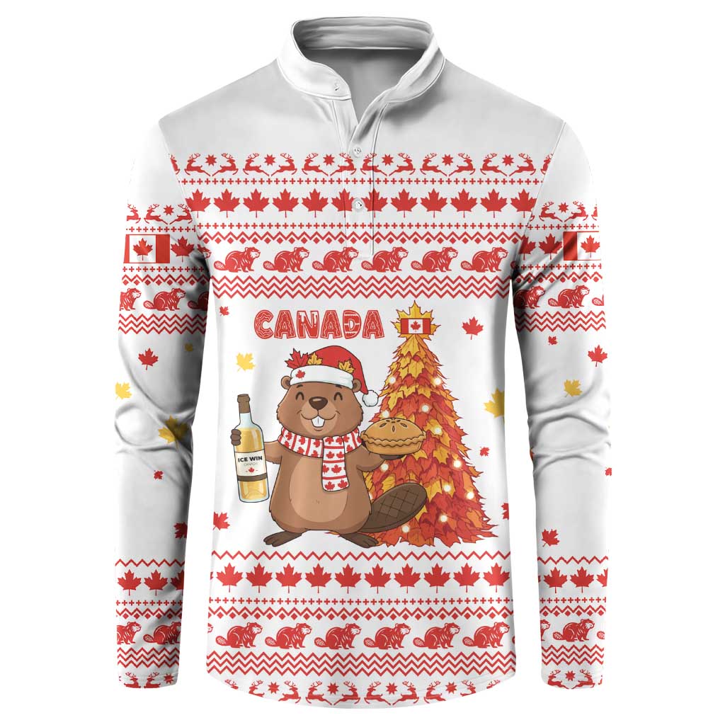 Canada Christmas Button Sweatshirt with Beaver Maple Tree Ice Wine Pie and Red White Knit Pattern Design - Wonder Print Shop
