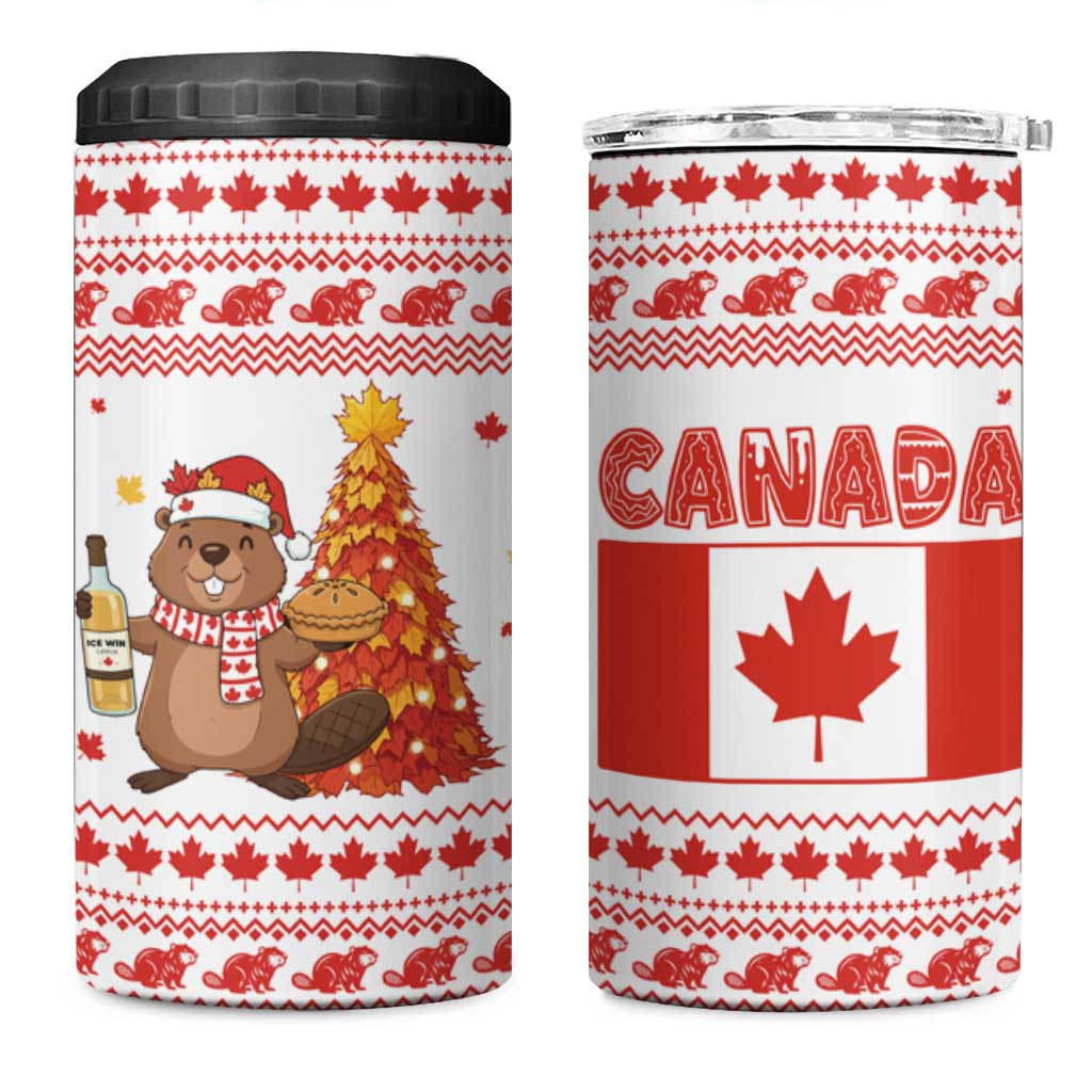 Canada Christmas 4 in 1 Can Cooler Tumbler with Beaver Maple Tree Ice Wine Pie and Red White Knit Pattern Design - Wonder Print Shop