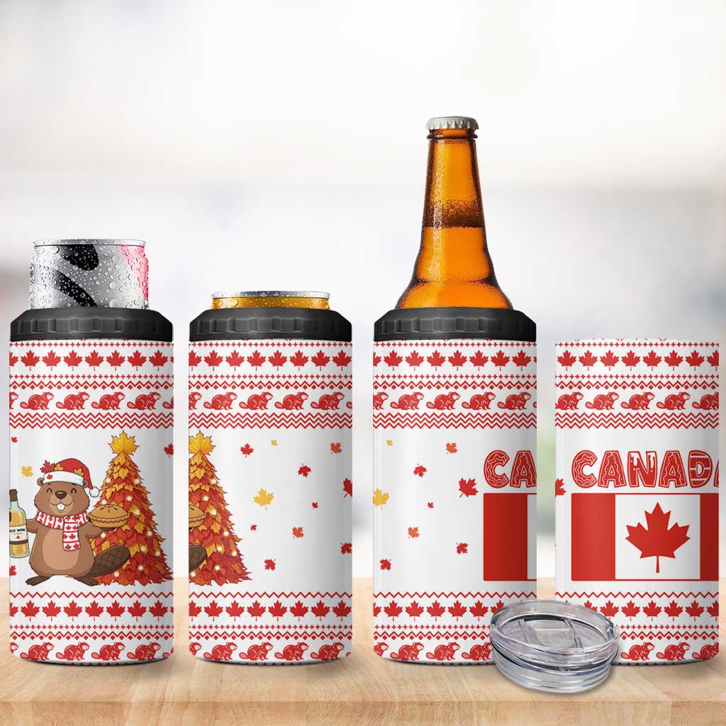 Canada Christmas 4 in 1 Can Cooler Tumbler with Beaver Maple Tree Ice Wine Pie and Red White Knit Pattern Design - Wonder Print Shop