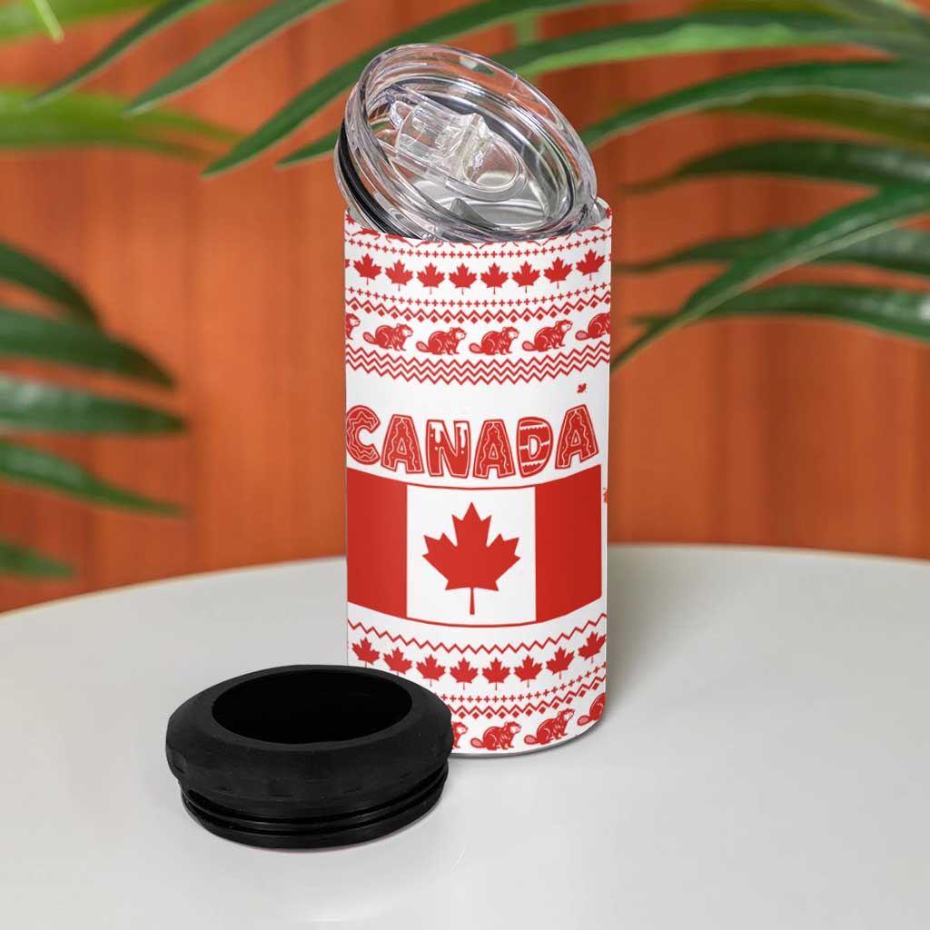 Canada Christmas 4 in 1 Can Cooler Tumbler with Beaver Maple Tree Ice Wine Pie and Red White Knit Pattern Design - Wonder Print Shop