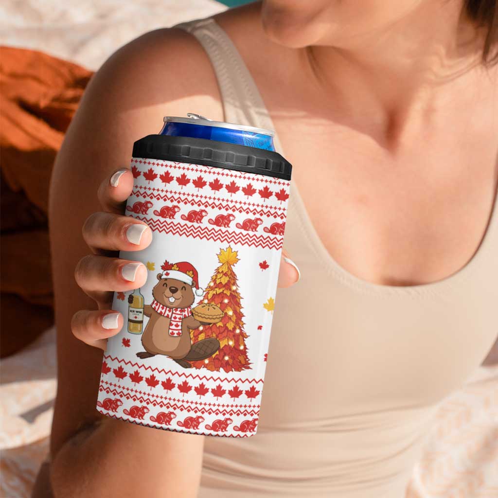 Canada Christmas 4 in 1 Can Cooler Tumbler with Beaver Maple Tree Ice Wine Pie and Red White Knit Pattern Design - Wonder Print Shop