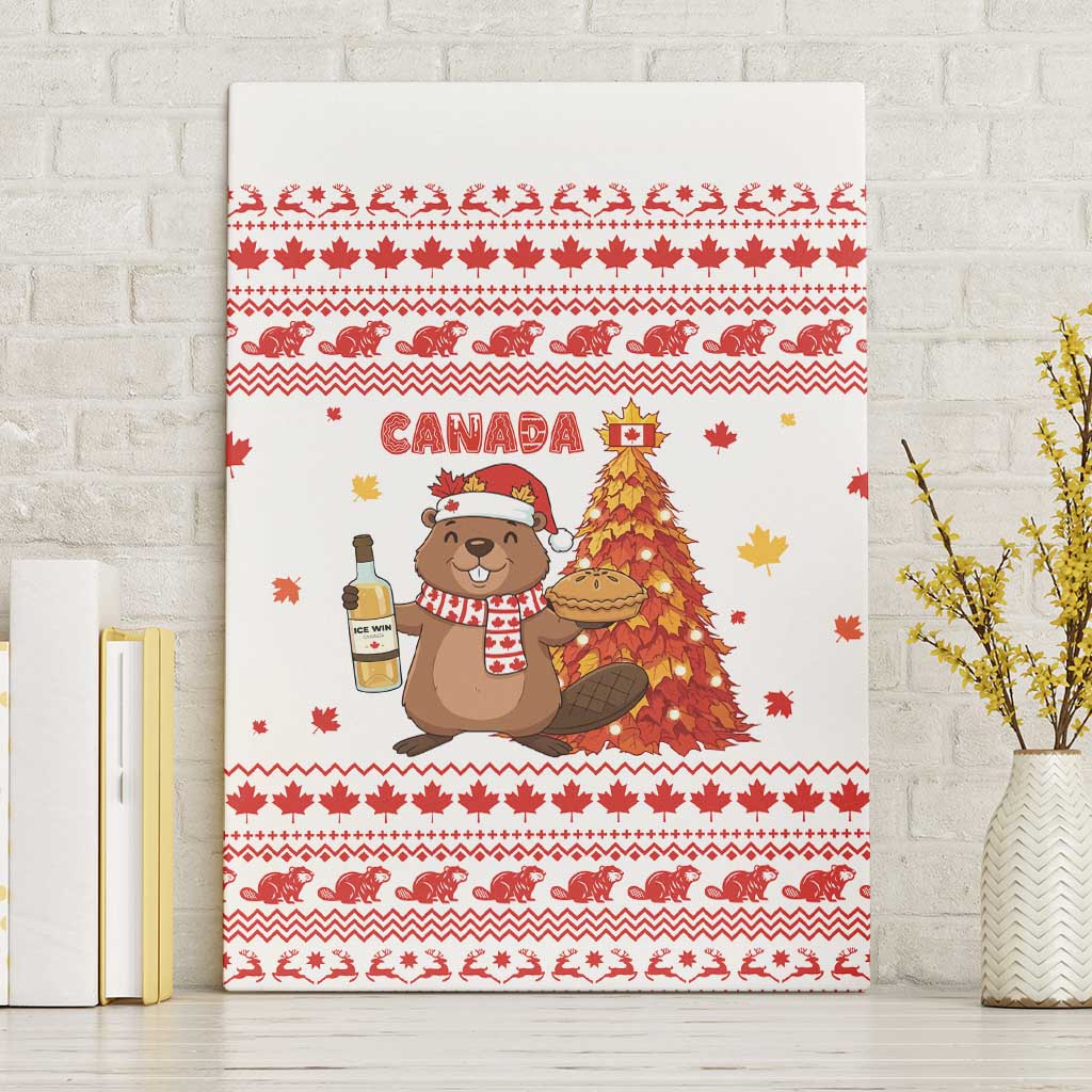 Canada Christmas Canvas Wall Art with Beaver Maple Tree Ice Wine Pie and Red White Knit Pattern Design - Wonder Print Shop