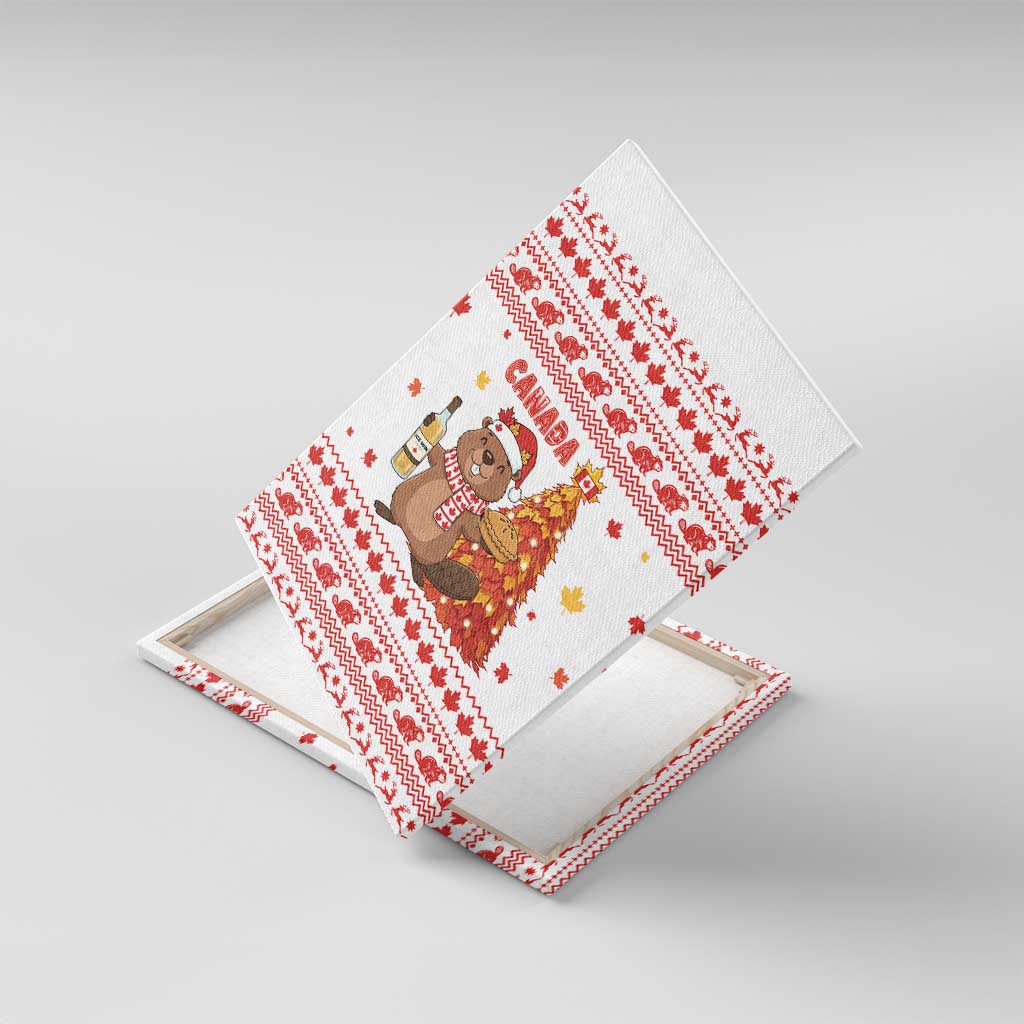 Canada Christmas Canvas Wall Art with Beaver Maple Tree Ice Wine Pie and Red White Knit Pattern Design - Wonder Print Shop
