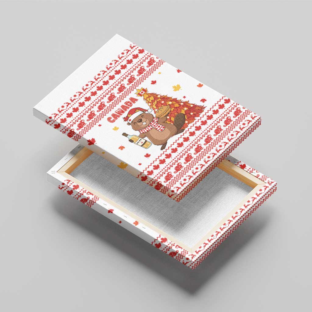 Canada Christmas Canvas Wall Art with Beaver Maple Tree Ice Wine Pie and Red White Knit Pattern Design - Wonder Print Shop