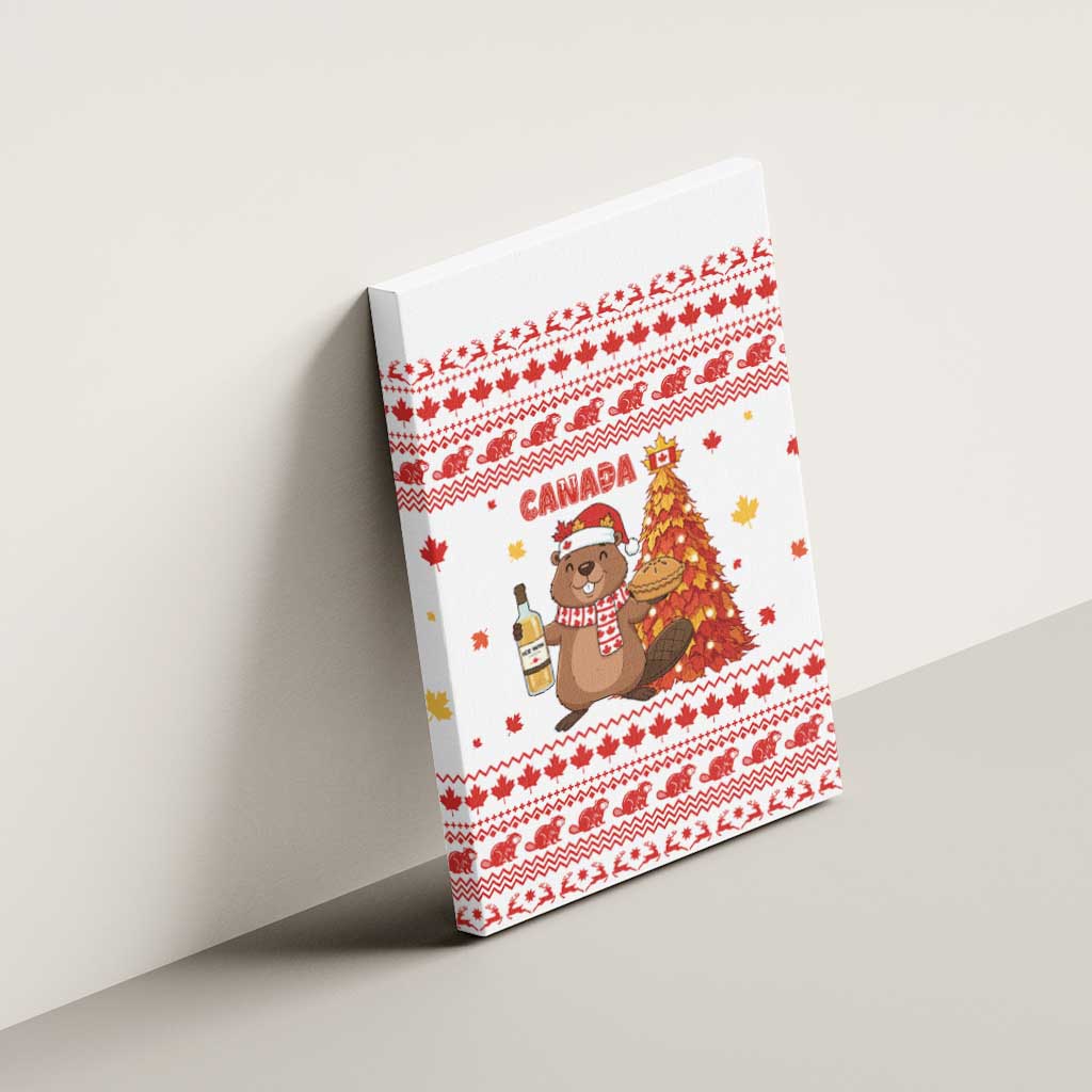 Canada Christmas Canvas Wall Art with Beaver Maple Tree Ice Wine Pie and Red White Knit Pattern Design - Wonder Print Shop