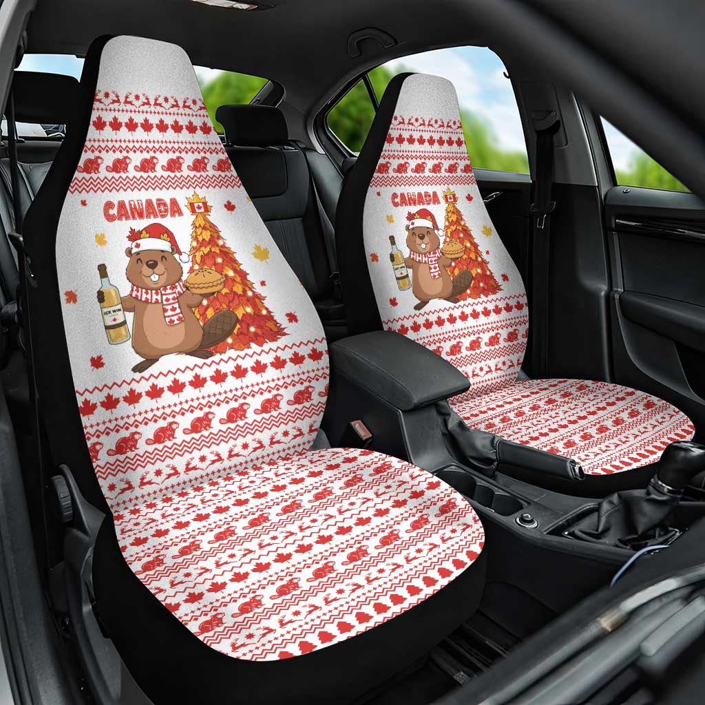 Canada Christmas Car Seat Cover with Beaver Maple Tree Ice Wine Pie and Red White Knit Pattern Design - Wonder Print Shop