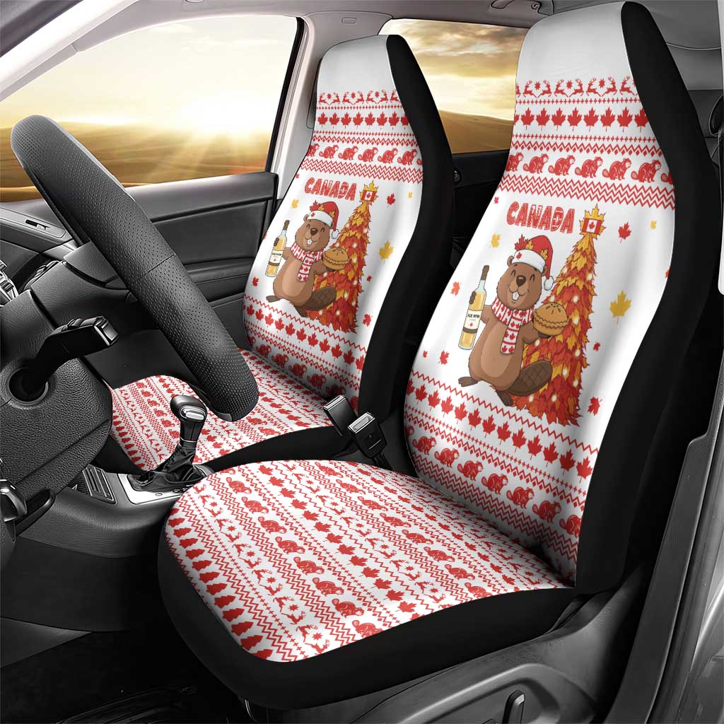 Canada Christmas Car Seat Cover with Beaver Maple Tree Ice Wine Pie and Red White Knit Pattern Design - Wonder Print Shop