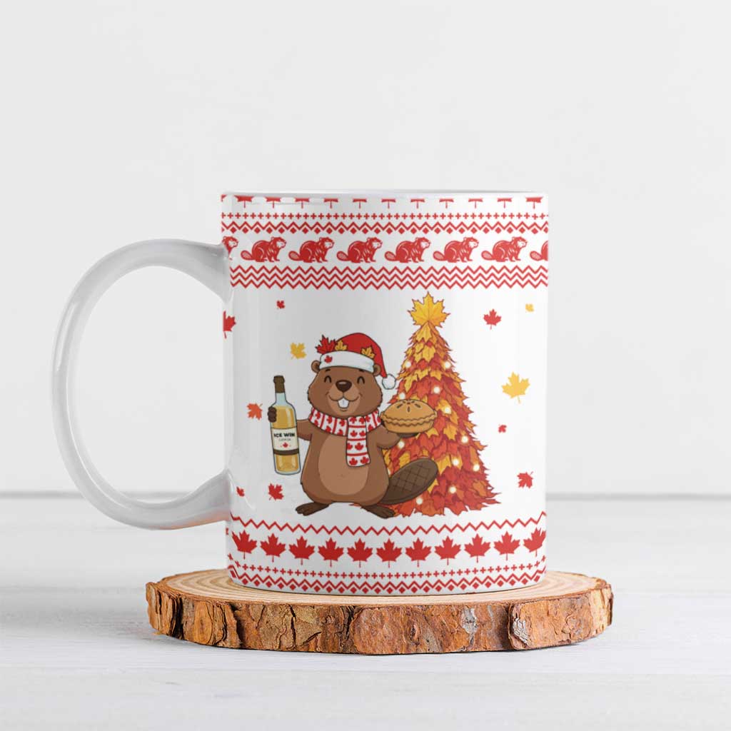 Canada Christmas Ceramic Mug with Beaver Maple Tree Ice Wine Pie and Red White Knit Pattern Design - Wonder Print Shop