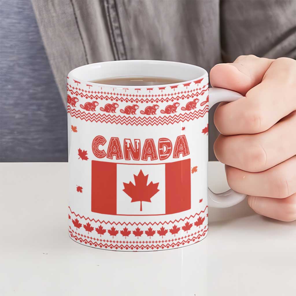 Canada Christmas Ceramic Mug with Beaver Maple Tree Ice Wine Pie and Red White Knit Pattern Design - Wonder Print Shop