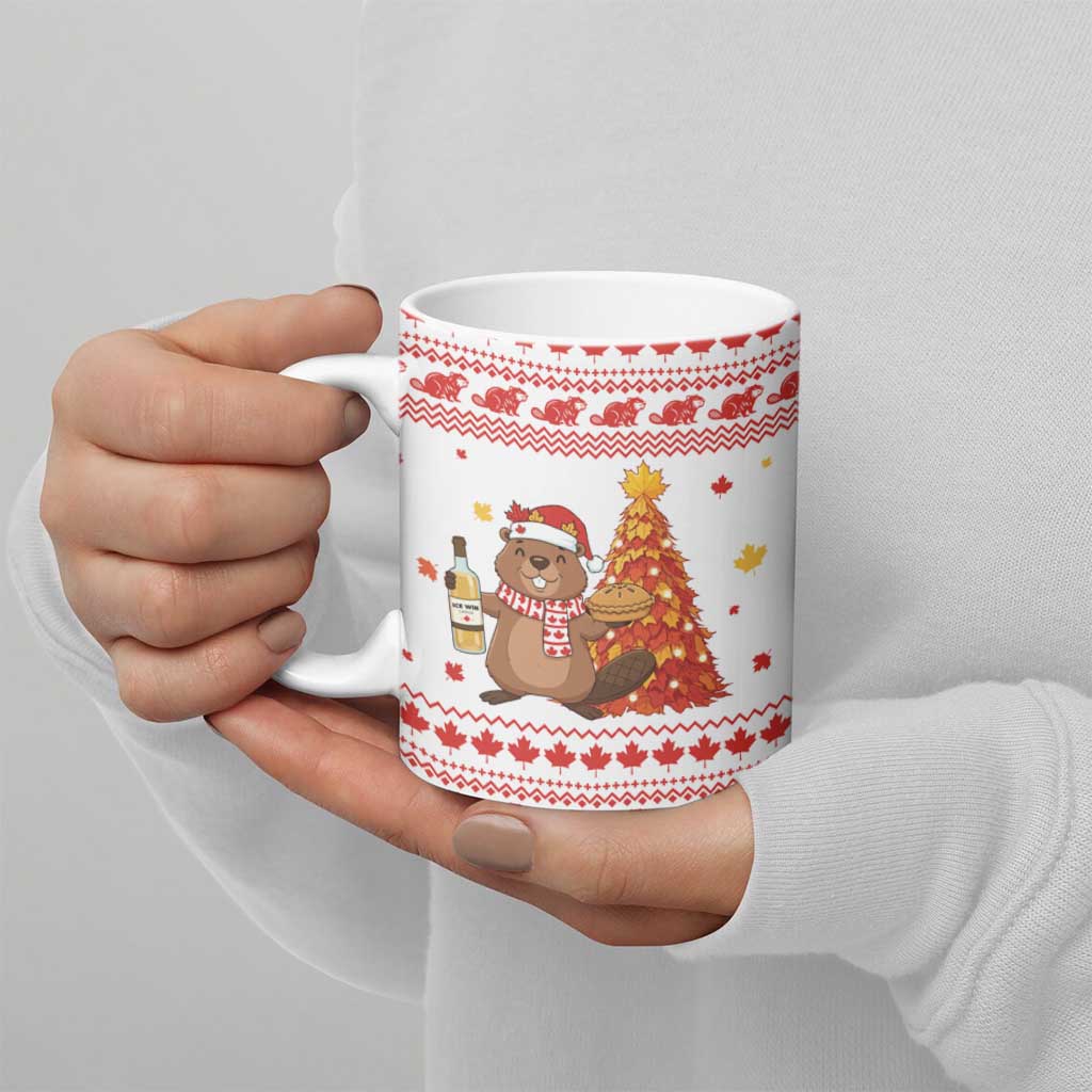 Canada Christmas Ceramic Mug with Beaver Maple Tree Ice Wine Pie and Red White Knit Pattern Design - Wonder Print Shop