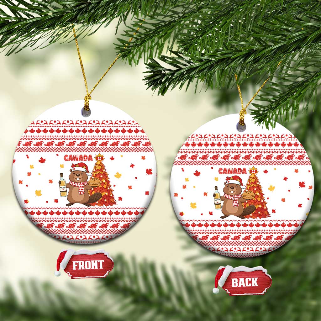 Canada Christmas Ceramic Ornament with Beaver Maple Tree Ice Wine Pie and Red White Knit Pattern Design - Wonder Print Shop