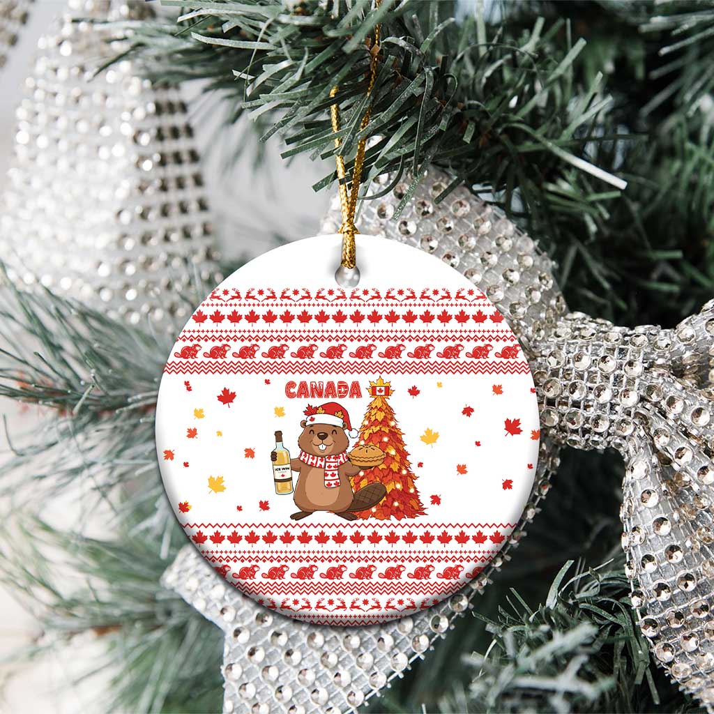 Canada Christmas Ceramic Ornament with Beaver Maple Tree Ice Wine Pie and Red White Knit Pattern Design - Wonder Print Shop