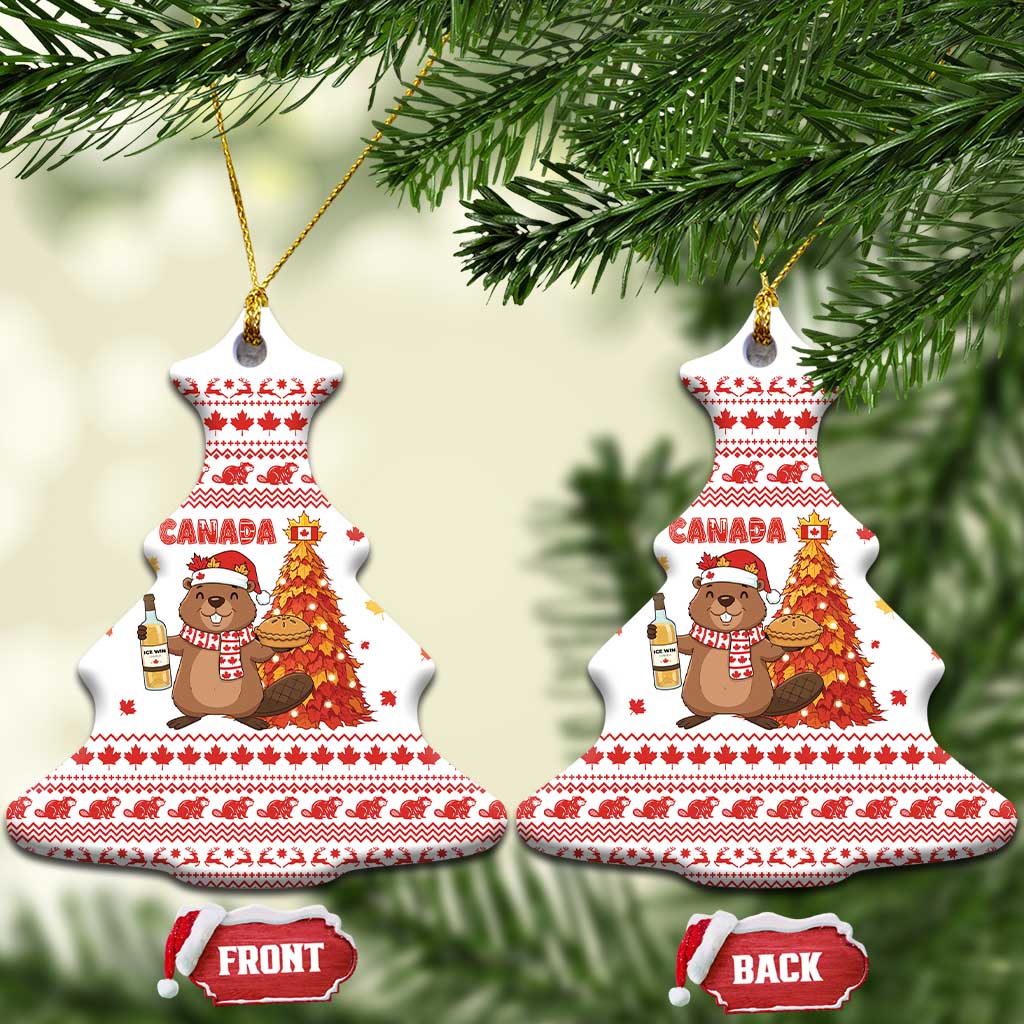 Canada Christmas Ceramic Ornament with Beaver Maple Tree Ice Wine Pie and Red White Knit Pattern Design - Wonder Print Shop