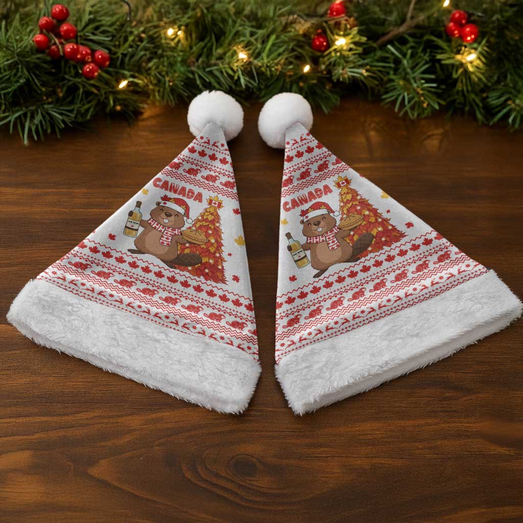 Canada Christmas Santa Hat with Beaver Maple Tree Ice Wine Pie and Red White Knit Pattern Design - Wonder Print Shop