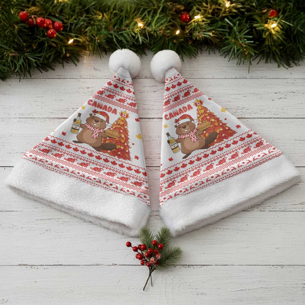 Canada Christmas Santa Hat with Beaver Maple Tree Ice Wine Pie and Red White Knit Pattern Design - Wonder Print Shop