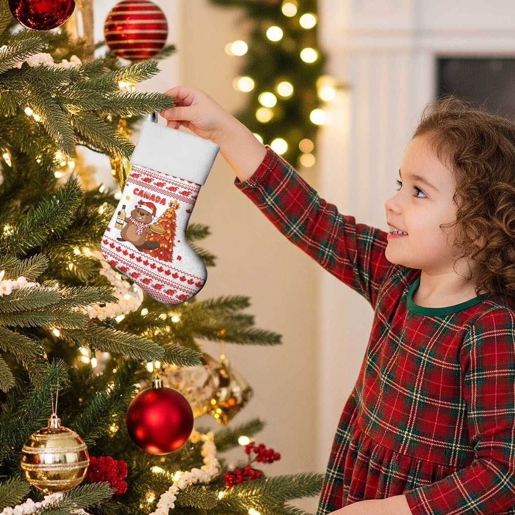 Canada Christmas Stocking with Beaver Maple Tree Ice Wine Pie and Red White Knit Pattern Design - Wonder Print Shop