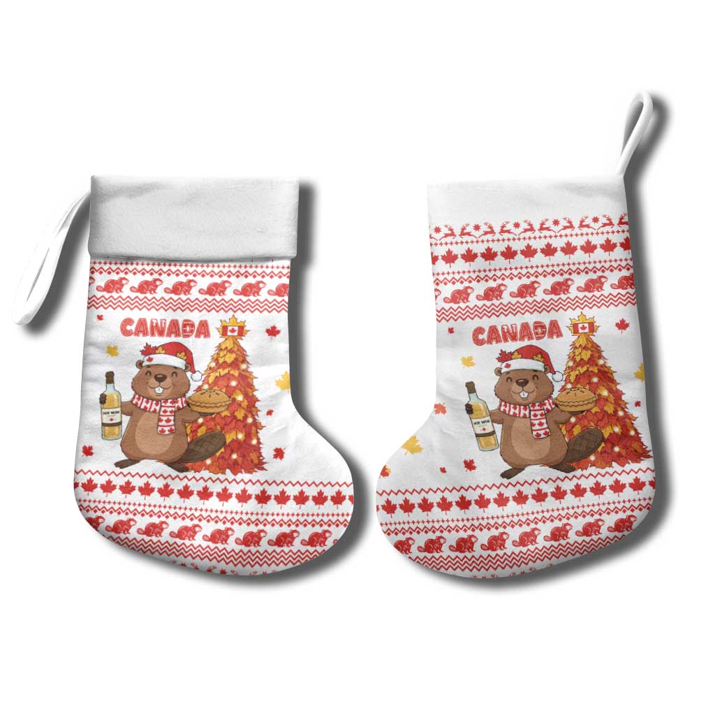 Canada Christmas Stocking with Beaver Maple Tree Ice Wine Pie and Red White Knit Pattern Design - Wonder Print Shop