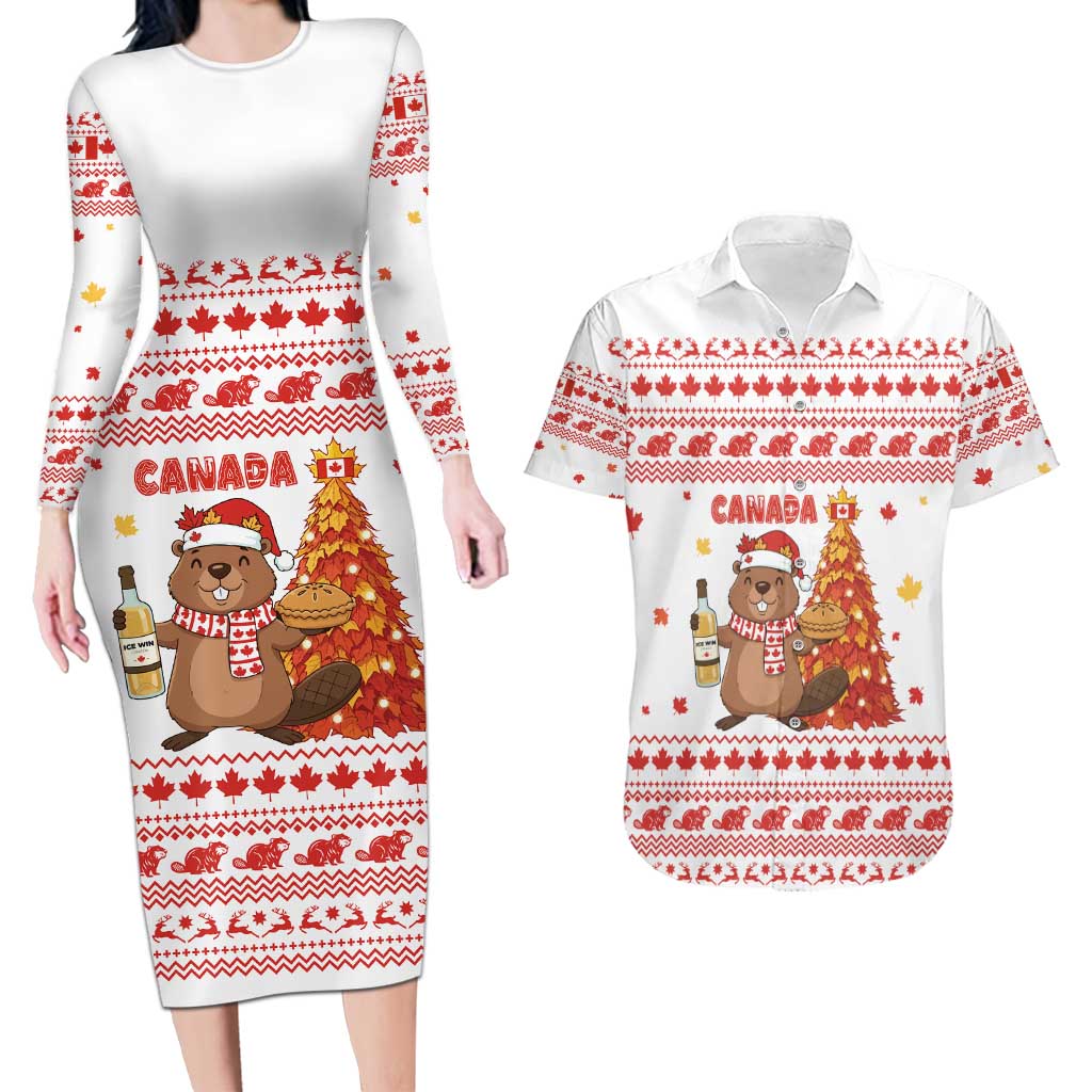 Canada Christmas Couples Matching Long Sleeve Bodycon Dress and Hawaiian Shirt with Beaver Maple Tree Ice Wine Pie and Red White Knit Pattern Design - Wonder Print Shop