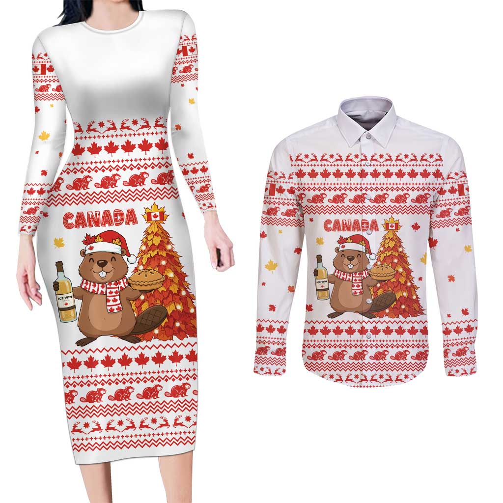 Canada Christmas Couples Matching Long Sleeve Bodycon Dress and Long Sleeve Button Shirt with Beaver Maple Tree Ice Wine Pie and Red White Knit Pattern Design - Wonder Print Shop