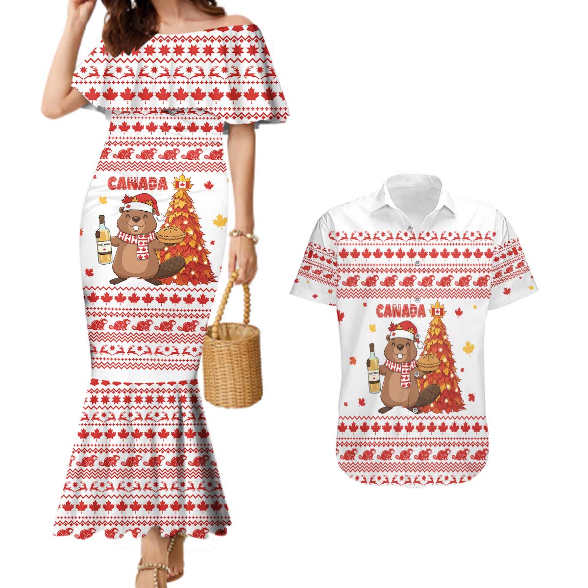 Canada Christmas Couples Matching Mermaid Dress and Hawaiian Shirt with Beaver Maple Tree Ice Wine Pie and Red White Knit Pattern Design - Wonder Print Shop