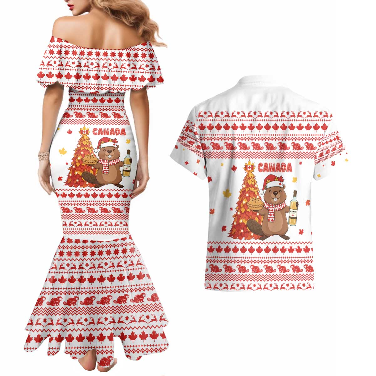 Canada Christmas Couples Matching Mermaid Dress and Hawaiian Shirt with Beaver Maple Tree Ice Wine Pie and Red White Knit Pattern Design - Wonder Print Shop