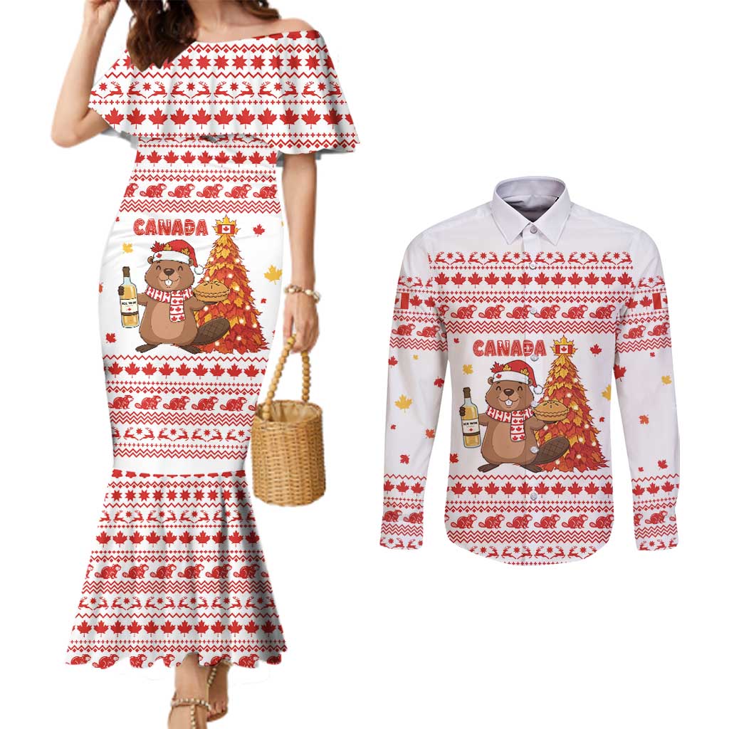 Canada Christmas Couples Matching Mermaid Dress and Long Sleeve Button Shirt with Beaver Maple Tree Ice Wine Pie and Red White Knit Pattern Design - Wonder Print Shop