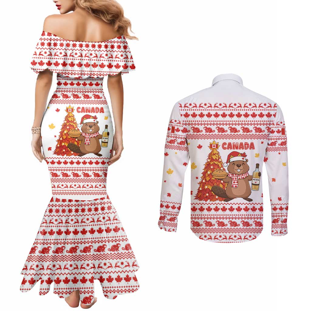 Canada Christmas Couples Matching Mermaid Dress and Long Sleeve Button Shirt with Beaver Maple Tree Ice Wine Pie and Red White Knit Pattern Design - Wonder Print Shop