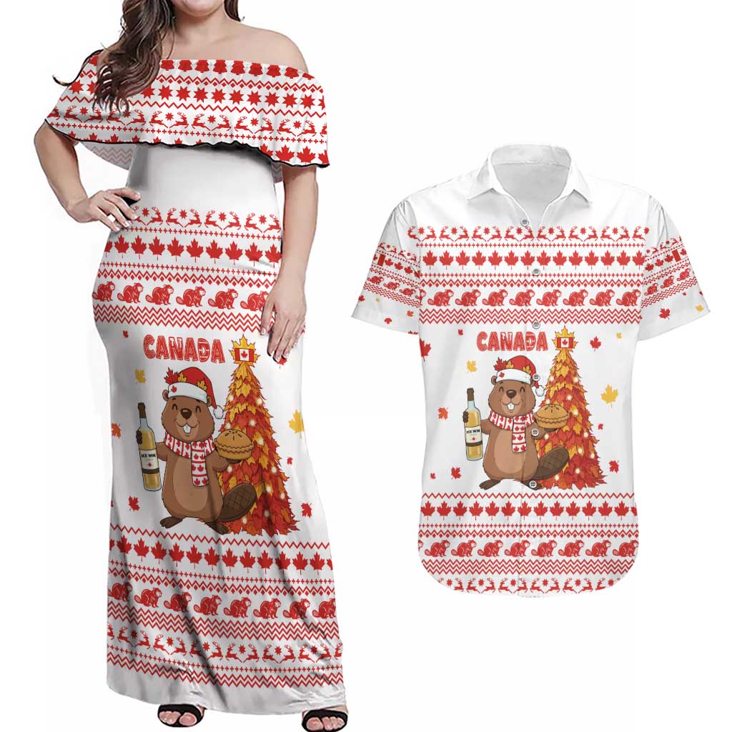Canada Christmas Couples Matching Off Shoulder Maxi Dress and Hawaiian Shirt with Beaver Maple Tree Ice Wine Pie and Red White Knit Pattern Design - Wonder Print Shop