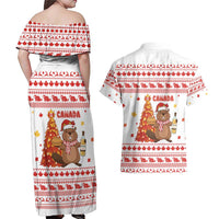 Canada Christmas Couples Matching Off Shoulder Maxi Dress and Hawaiian Shirt with Beaver Maple Tree Ice Wine Pie and Red White Knit Pattern Design - Wonder Print Shop
