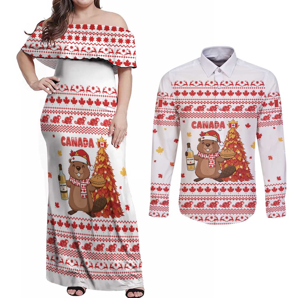 Canada Christmas Couples Matching Off Shoulder Maxi Dress and Long Sleeve Button Shirt with Beaver Maple Tree Ice Wine Pie and Red White Knit Pattern Design - Wonder Print Shop