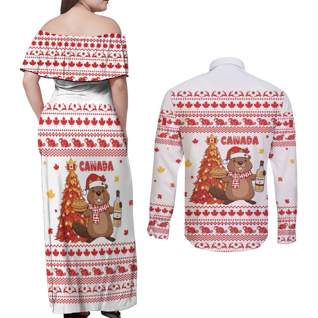 Canada Christmas Couples Matching Off Shoulder Maxi Dress and Long Sleeve Button Shirt with Beaver Maple Tree Ice Wine Pie and Red White Knit Pattern Design - Wonder Print Shop