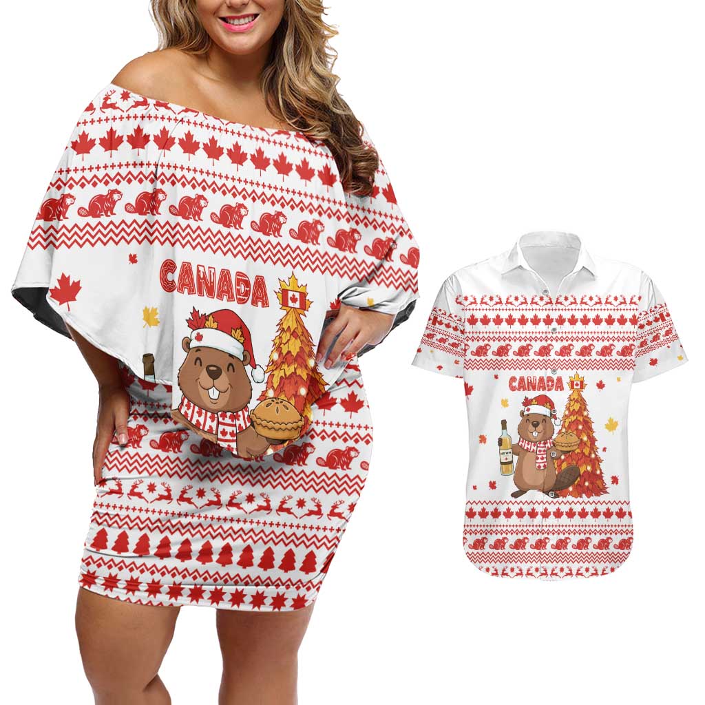 Canada Christmas Couples Matching Off Shoulder Short Dress and Hawaiian Shirt with Beaver Maple Tree Ice Wine Pie and Red White Knit Pattern Design - Wonder Print Shop