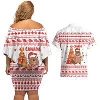 Canada Christmas Couples Matching Off Shoulder Short Dress and Hawaiian Shirt with Beaver Maple Tree Ice Wine Pie and Red White Knit Pattern Design - Wonder Print Shop