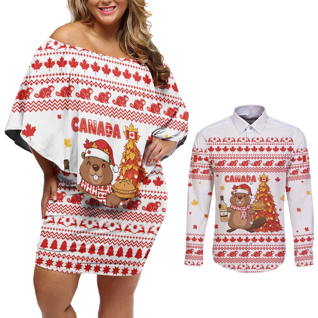 Canada Christmas Couples Matching Off Shoulder Short Dress and Long Sleeve Button Shirt with Beaver Maple Tree Ice Wine Pie and Red White Knit Pattern Design - Wonder Print Shop