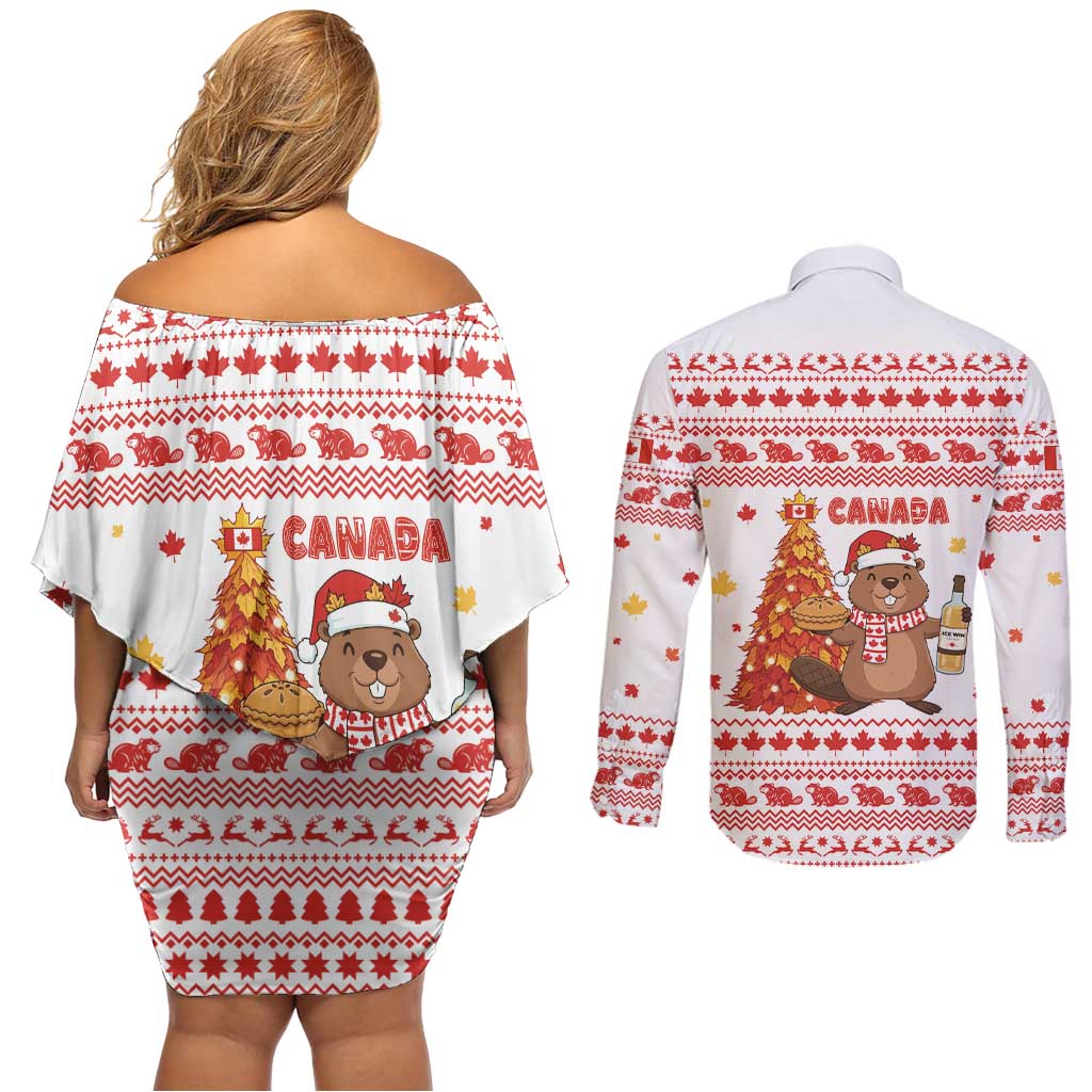 Canada Christmas Couples Matching Off Shoulder Short Dress and Long Sleeve Button Shirt with Beaver Maple Tree Ice Wine Pie and Red White Knit Pattern Design - Wonder Print Shop