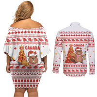 Canada Christmas Couples Matching Off Shoulder Short Dress and Long Sleeve Button Shirt with Beaver Maple Tree Ice Wine Pie and Red White Knit Pattern Design - Wonder Print Shop