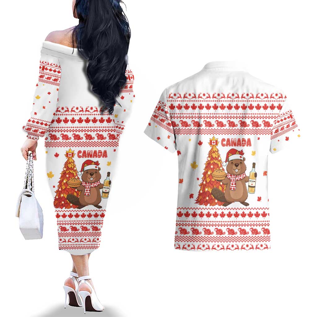 Canada Christmas Couples Matching Off The Shoulder Long Sleeve Dress and Hawaiian Shirt with Beaver Maple Tree Ice Wine Pie and Red White Knit Pattern Design - Wonder Print Shop